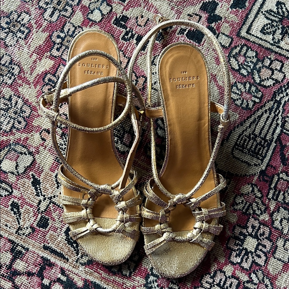 Sezane Gloria Metallic Gold Strappy Sandals with block heel